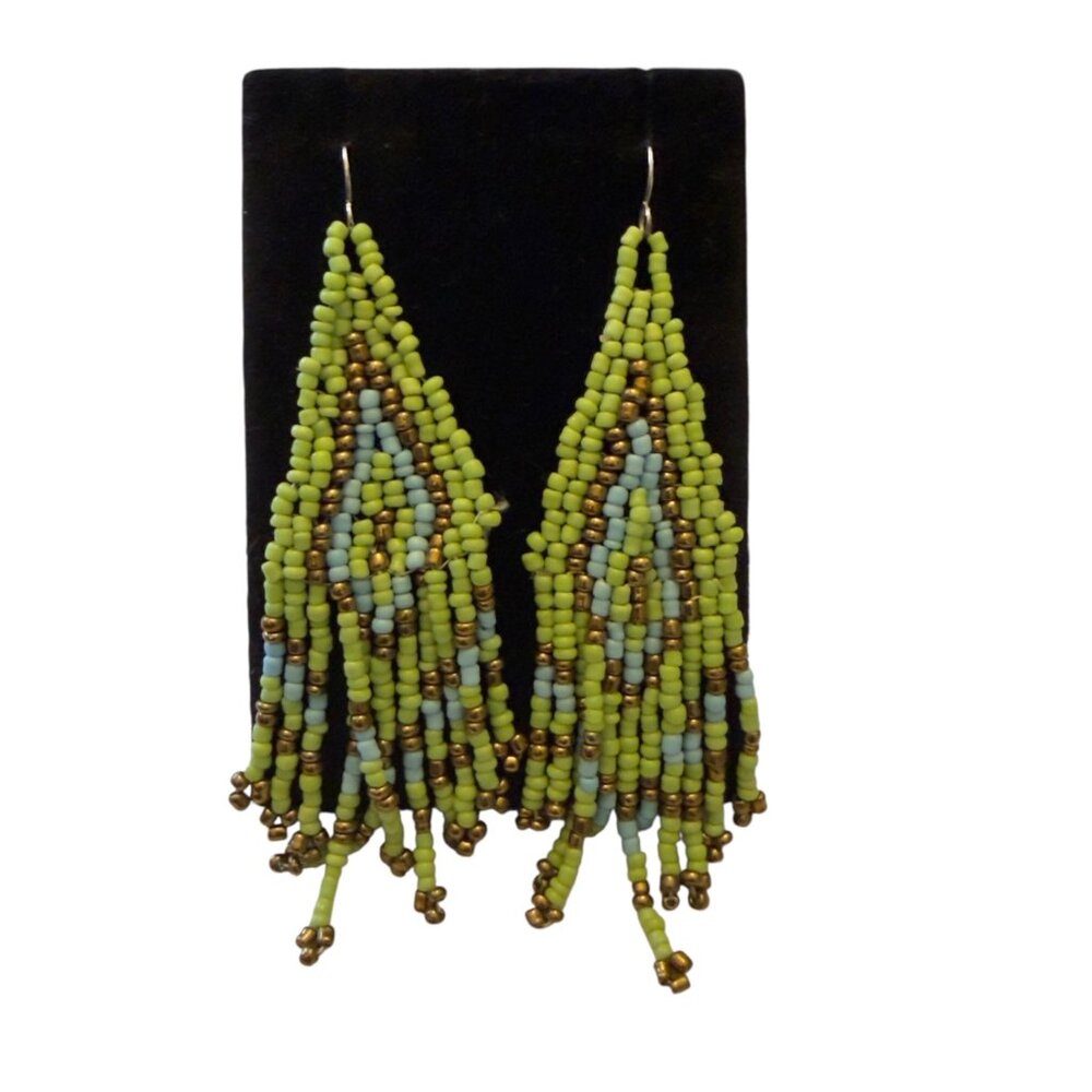 Handmade Beaded Drop Earrings With Green & Blue Tribal Pattern Framed Display - Picture 3 of 8